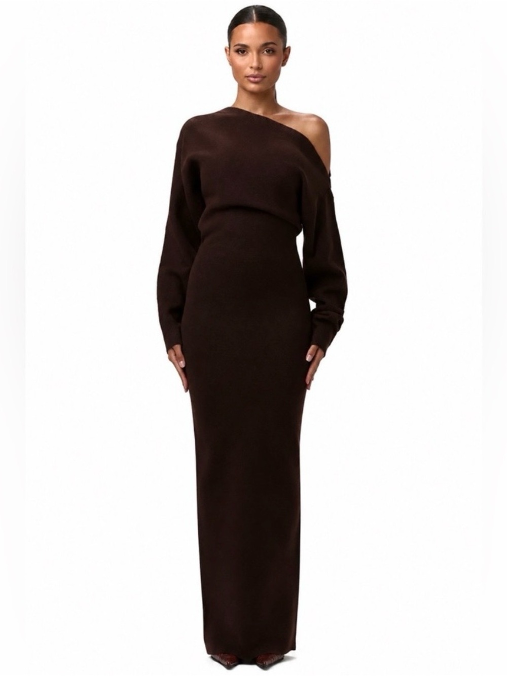 Naked Wardrobe Knit Off-Shoulder Sweater Maxi Dress Espresso